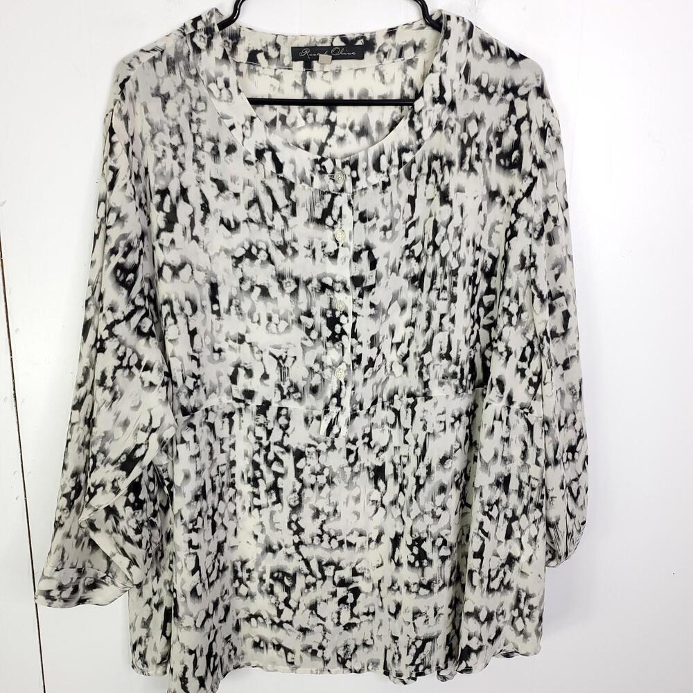 Rose Olive Top Womens 3X Popover Half Button All Over Print Office Workwear
